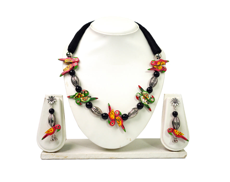 Bohemian Colorful Hand painted Wooden Bird Necklace Set with Earrings for Women and Girls-UFH122