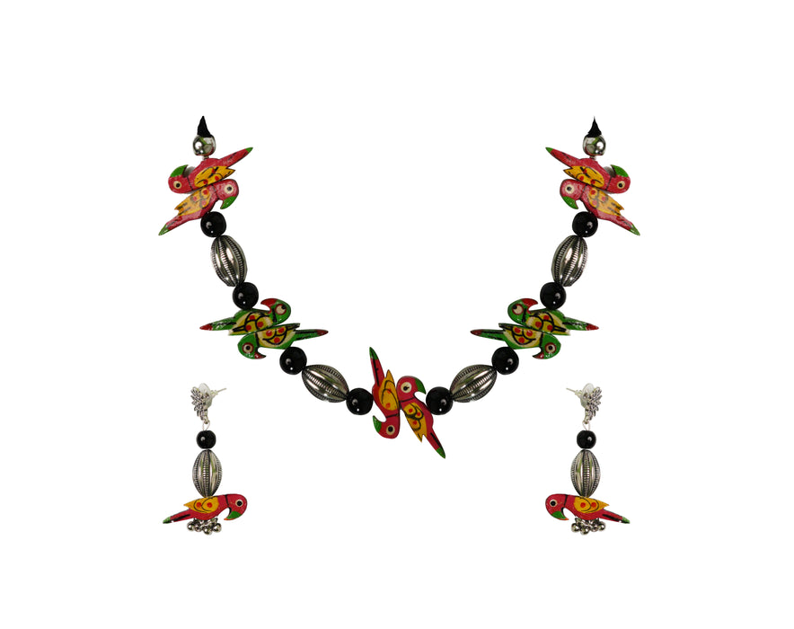 Bohemian Colorful Hand painted Wooden Bird Necklace Set with Earrings for Women and Girls-UFH122