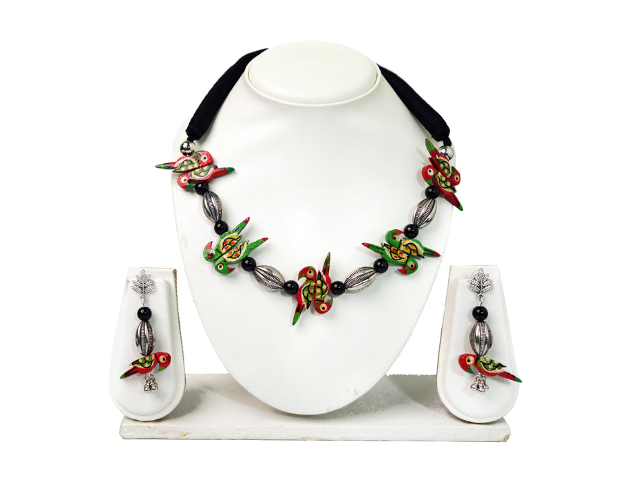 Bohemian Colorful Hand painted Wooden Bird Necklace Set with Earrings for Women and Girls-UFH122