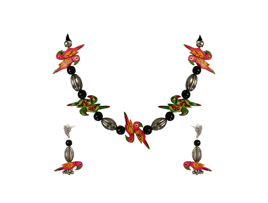 Bohemian Colorful Hand painted Wooden Bird Necklace Set with Earrings for Women and Girls-UFH122