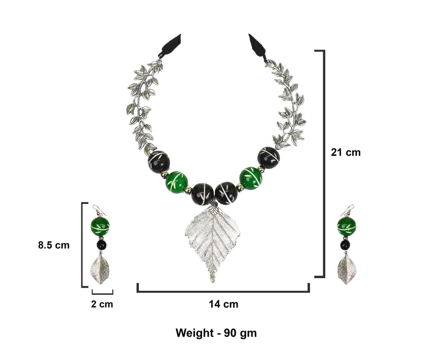 Handmade Oxidized Leaf Pendant Necklace Set with Chemical Beads for Women and Girls-UFH159