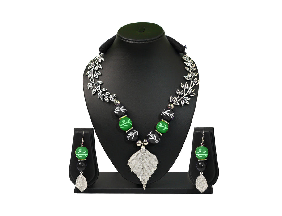 Handmade Oxidized Leaf Pendant Necklace Set with Chemical Beads for Women and Girls-UFH159