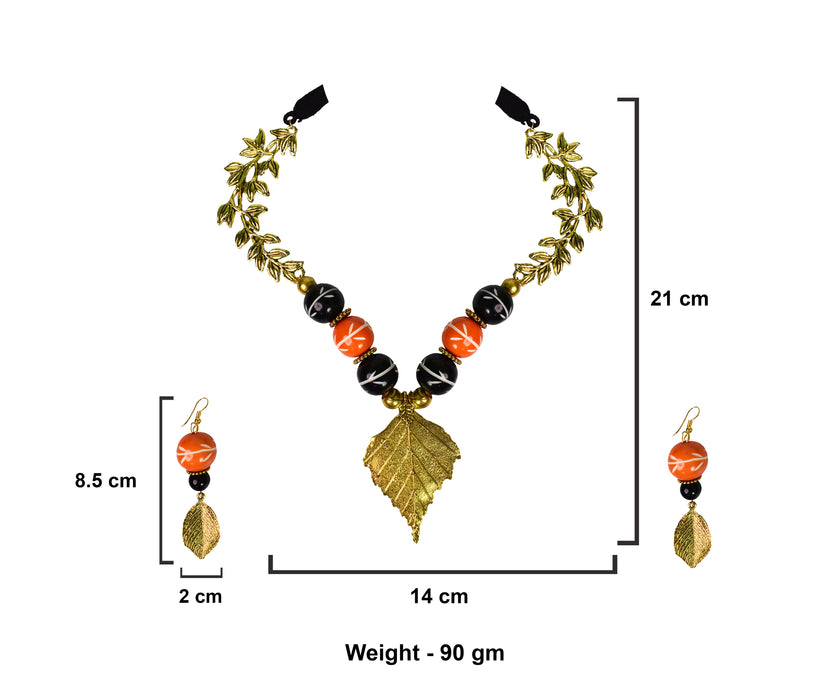 Handmade Oxidized Leaf Pendant Necklace Set with Chemical Beads for Women and Girls-UFH159