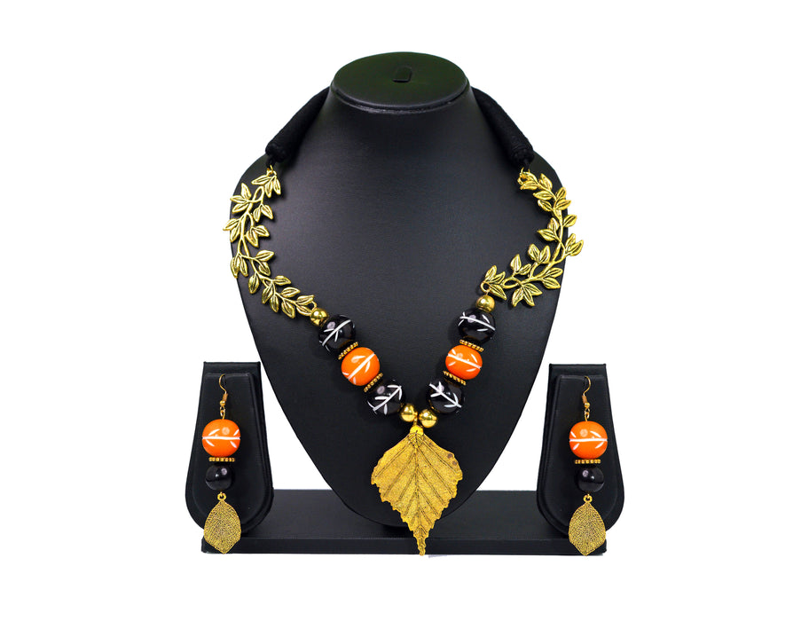 Handmade Oxidized Leaf Pendant Necklace Set with Chemical Beads for Women and Girls-UFH159