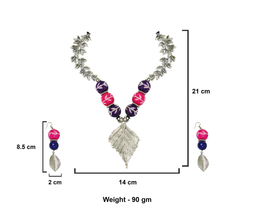 Handmade Oxidized Leaf Pendant Necklace Set with Chemical Beads for Women and Girls-UFH159