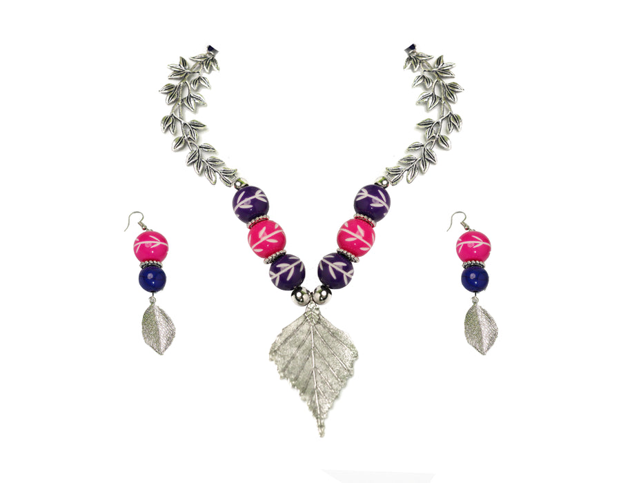 Handmade Oxidized Leaf Pendant Necklace Set with Chemical Beads for Women and Girls-UFH159