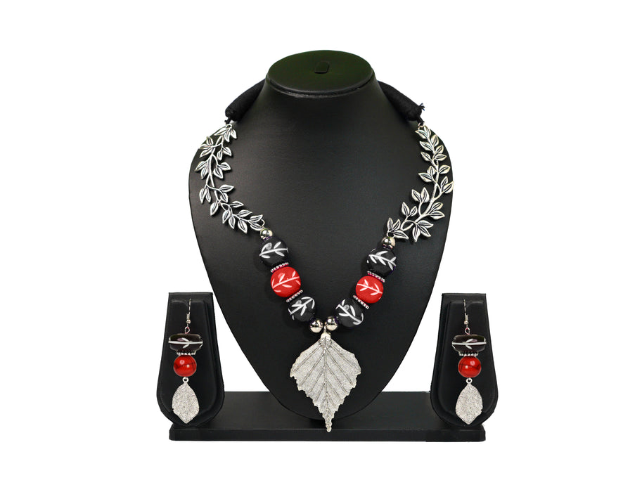 Handmade Oxidized Leaf Pendant Necklace Set with Chemical Beads for Women and Girls-UFH159