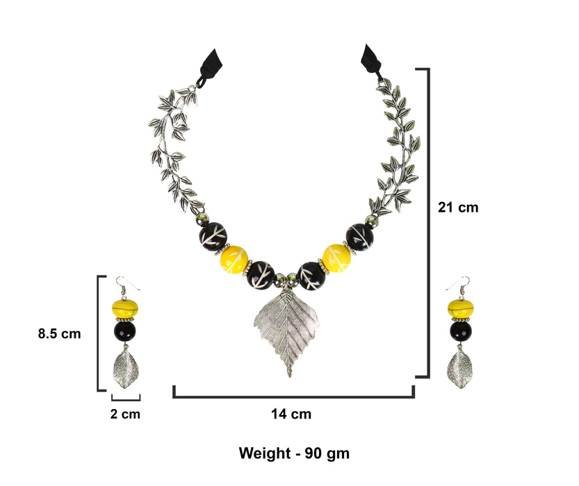 Handmade Oxidized Leaf Pendant Necklace Set with Chemical Beads for Women and Girls-UFH159