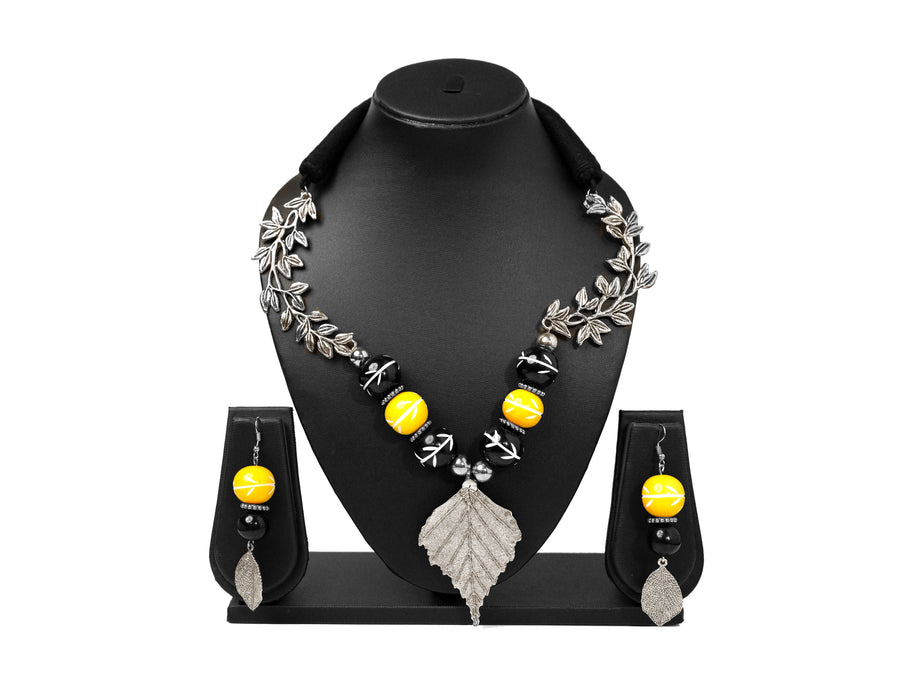 Handmade Oxidized Leaf Pendant Necklace Set with Chemical Beads for Women and Girls-UFH159