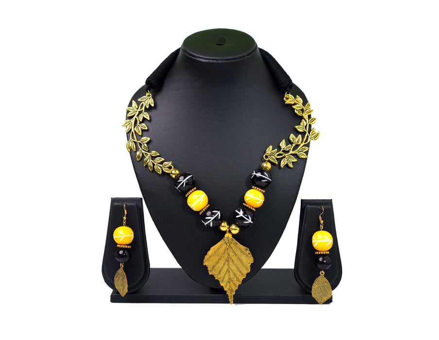 Handmade Oxidized Leaf Pendant Necklace Set with Chemical Beads for Women and Girls-UFH159