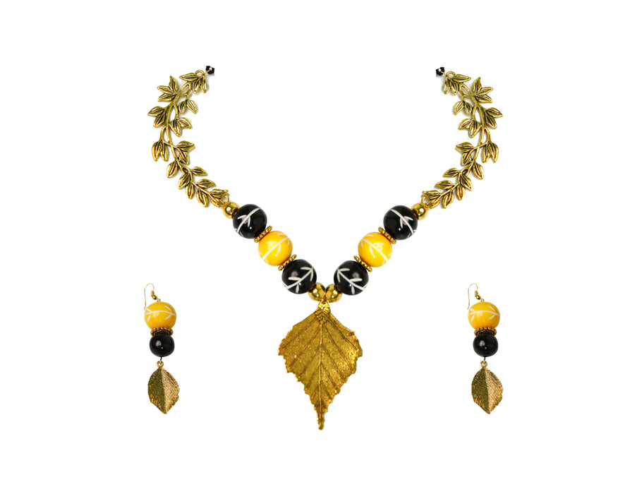 Handmade Oxidized Leaf Pendant Necklace Set with Chemical Beads for Women and Girls-UFH159