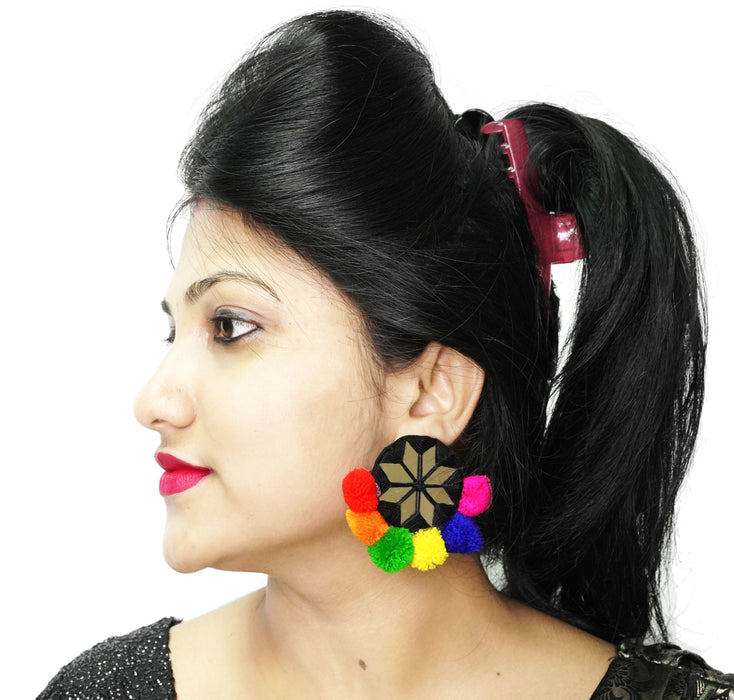 Elegant Fabric Pom Pom Earrings with Mirror for Women & Girls-UFH174