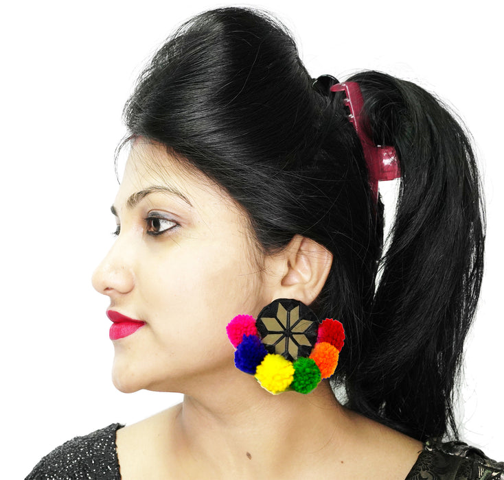 Elegant Fabric Pom Pom Earrings with Mirror for Women & Girls-UFH174