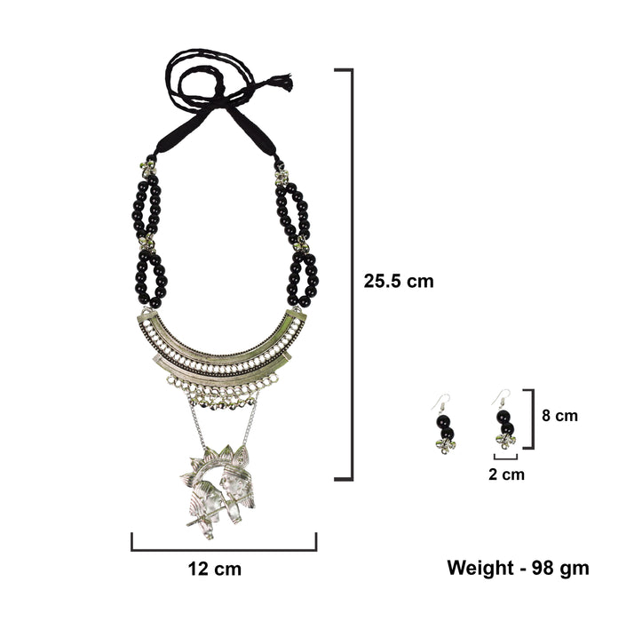 Black Beaded German Silver Oxidised Radha Krishna Pendant Necklace With Earring for Women’s & Girls (Black)-UFH176