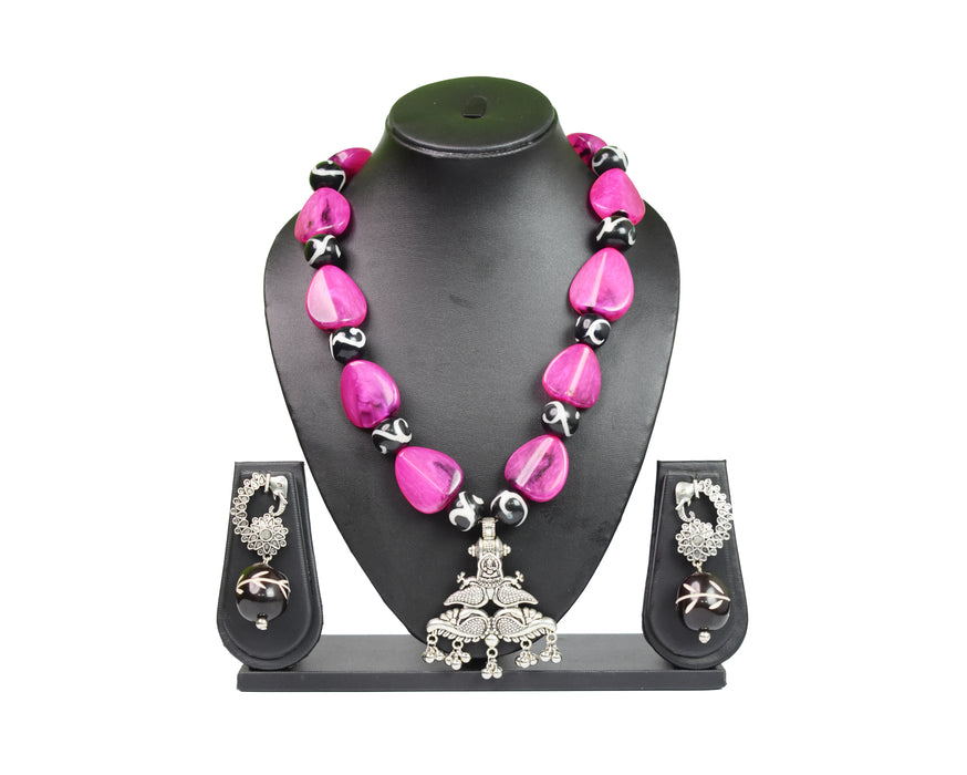 Handmade Chemical Beads Peacock Pendant Necklace Set for Women’s and Girls (Black & Pink)-UFH180