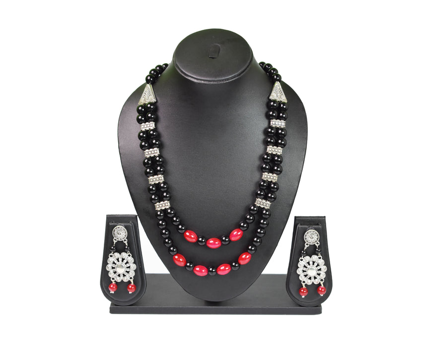 Handmade Necklace with Matching Earring with Red and Black Glossy Beads for Women and Girls-UFH189