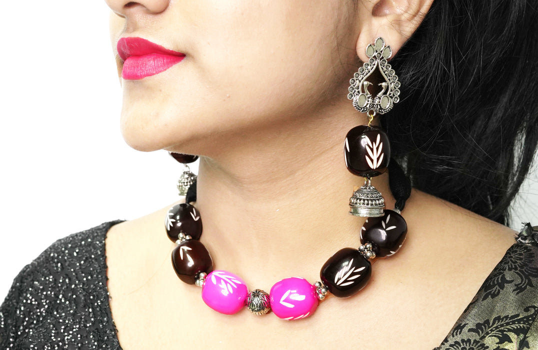 Silver Oxidised Handmade Choker Necklace Earring Set for Women and Girls (Black and Pink)-UFH202