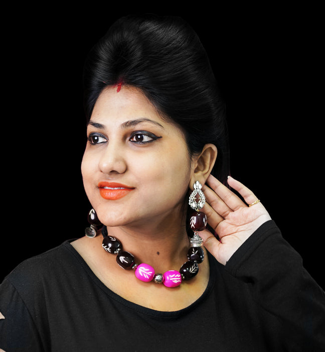 Silver Oxidised Handmade Choker Necklace Earring Set for Women and Girls (Black and Pink)-UFH202