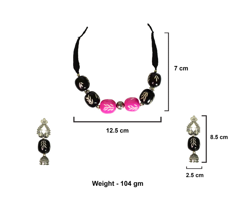 Silver Oxidised Handmade Choker Necklace Earring Set for Women and Girls (Black and Pink)-UFH202