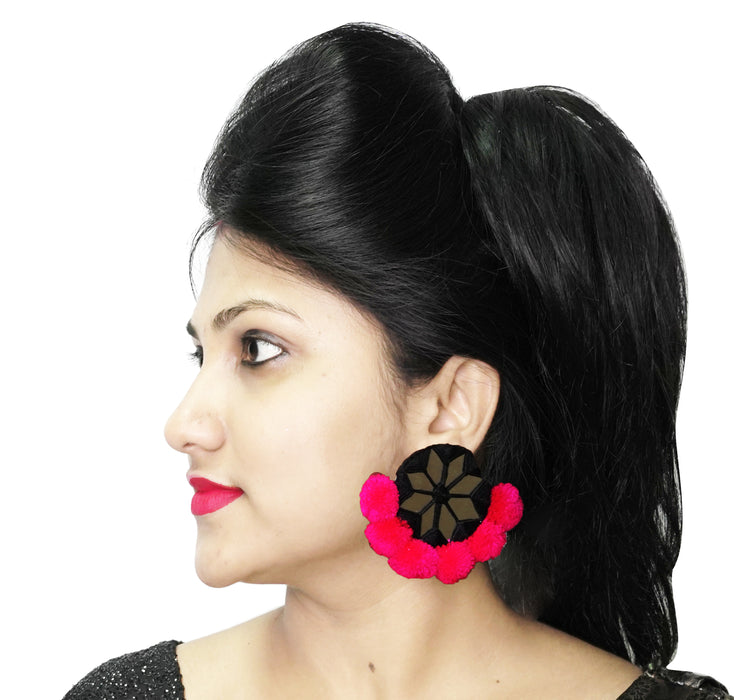 Elegant Fabric Pom Pom Earrings with Mirror for Women & Girls-UFH174