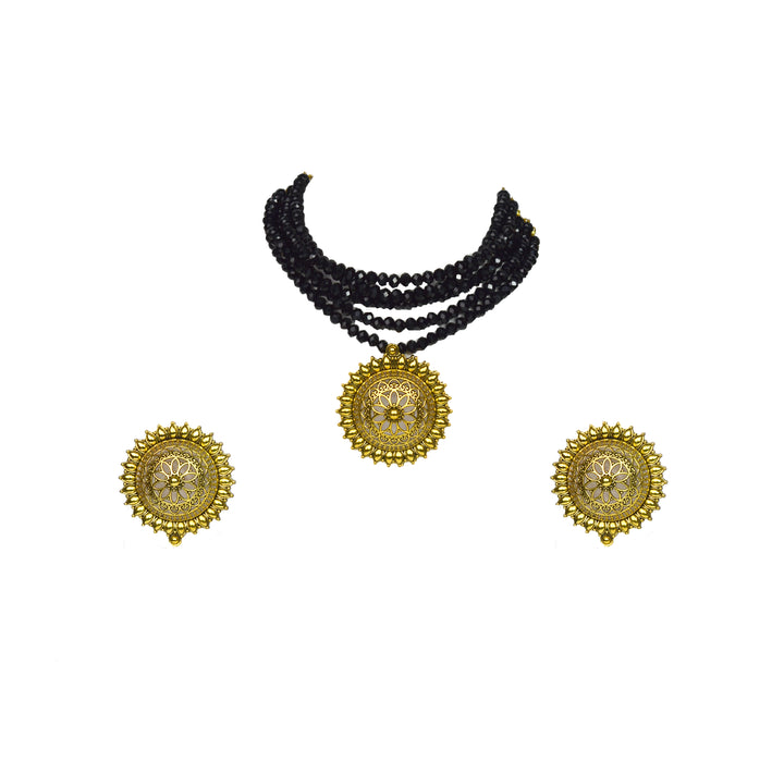 Golden Oxidised Crystal Choker Necklace Set for Women and Girls-UFH312