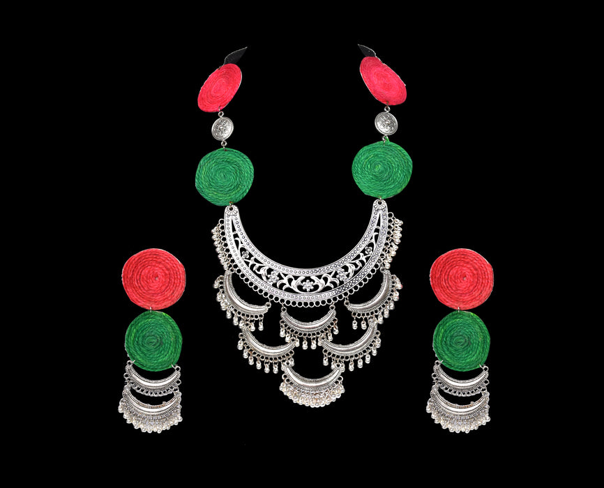 Silver Oxidised Handmade Necklace Earring Set for Women and Girls-UFH316