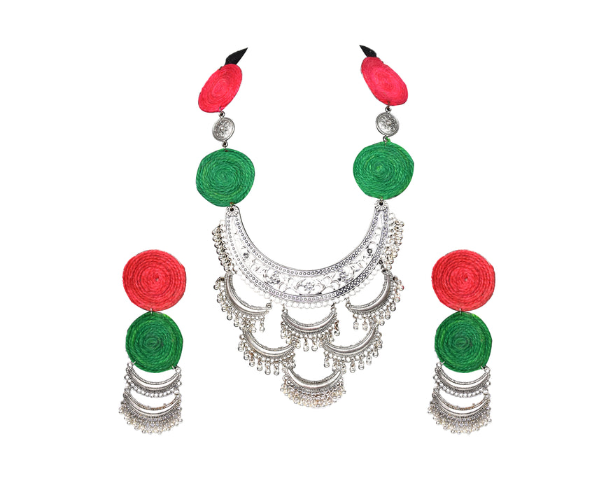 Silver Oxidised Handmade Necklace Earring Set for Women and Girls-UFH316