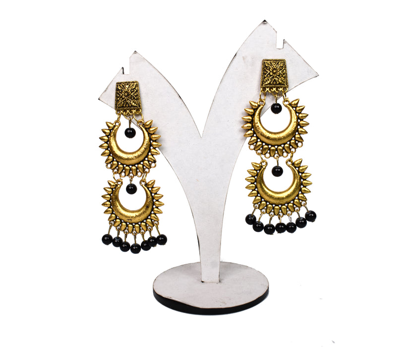 Golden Oxidised Earrings with Black Beads for Women and Girls-UFH326