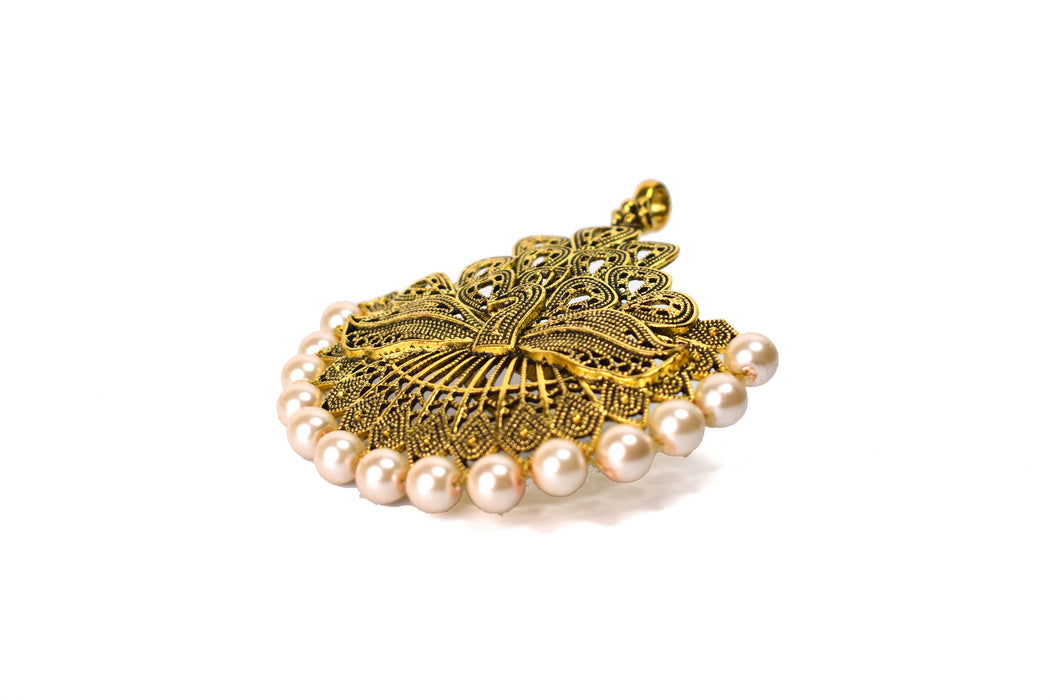Golden Oxidised Pearl Studded Peacock Designed Adjustable Finger Ring for Girls and Women-UFH333