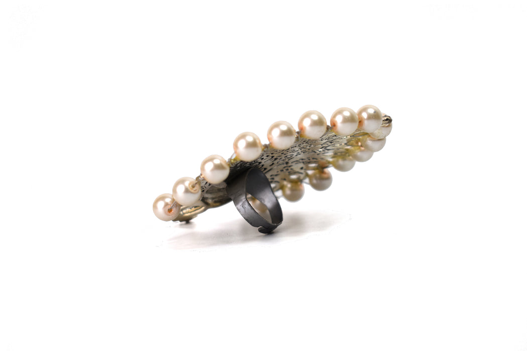 Silver Oxidised Pearl Studded Peacock Designed Adjustable Finger Ring for Girls and Women-UFH334