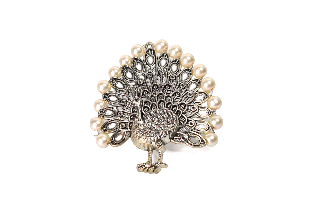 Silver Oxidised Pearl Studded Peacock Designed Adjustable Finger Ring for Girls and Women-UFH334