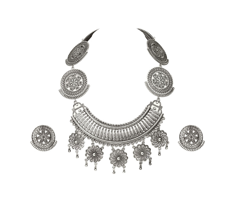 Oxidized Handmade Boho Design Long Necklace with Earrings for Women and Girls-UFH318
