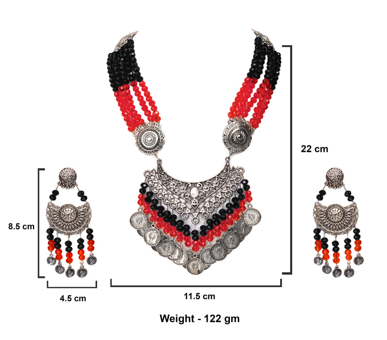 Silver Oxidised Crystal Necklace Earring Set for Women and Girls-UFH36