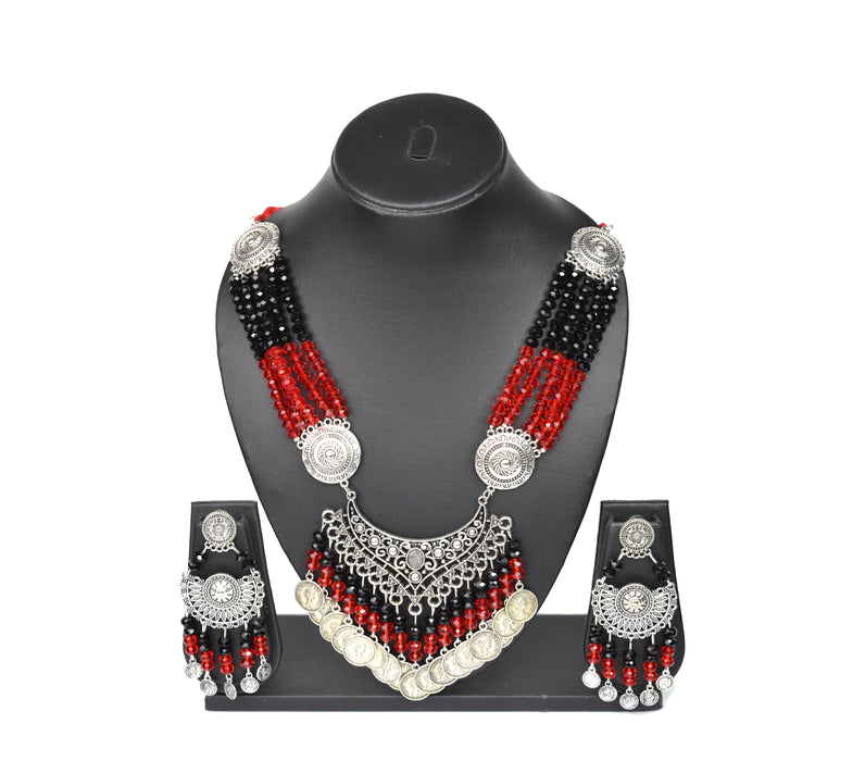 Silver Oxidised Crystal Necklace Earring Set for Women and Girls-UFH36