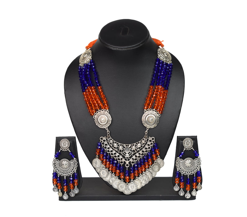 Silver Oxidised Crystal Necklace Earring Set for Women and Girls-UFH36