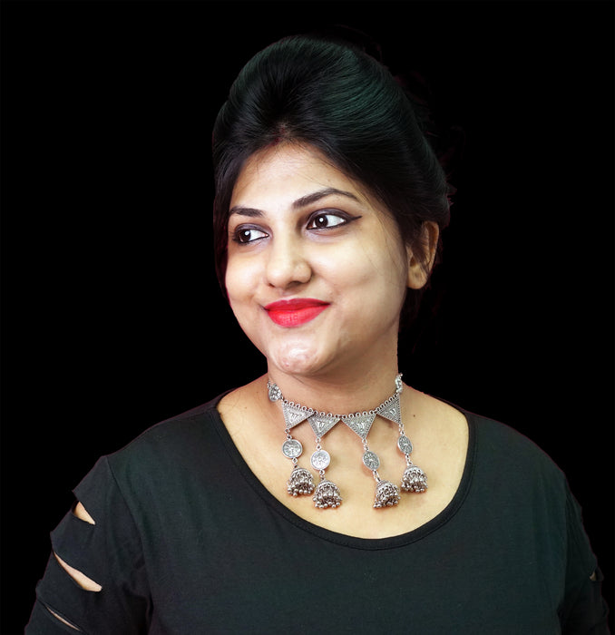 Silver Oxidised Choker Necklace for Women and Girls-UFH384