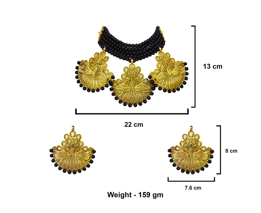 Golden Oxidized Handmade Peacock Pendant Design Choker Necklace Set for Women and Girls-UFH392