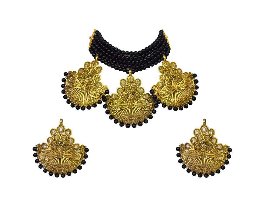 Golden Oxidized Handmade Peacock Pendant Design Choker Necklace Set for Women and Girls-UFH392