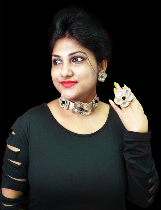 Handmade Jute Mirror Choker Necklace Set with Matching Finger Ring for Women and Girls-UFH395