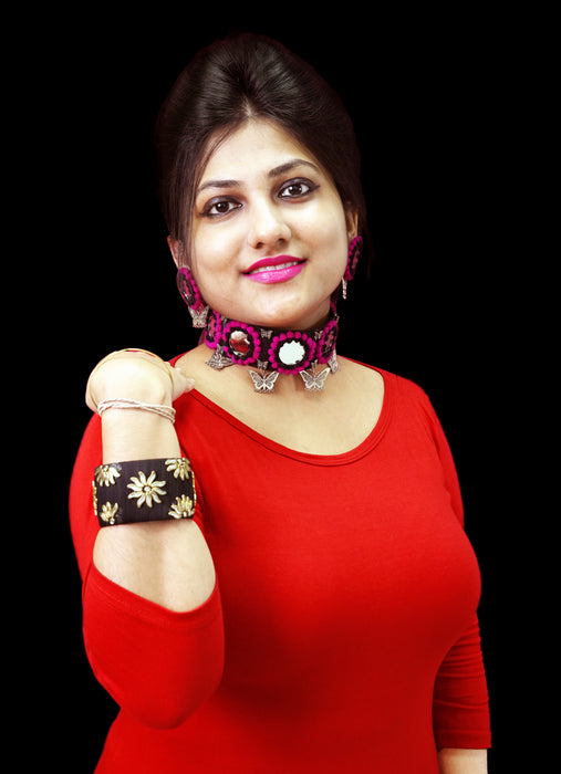 Handmade Silver Oxidised Choker Necklace Set with Mirror and Fabric Work for Women and Girls-UFH396
