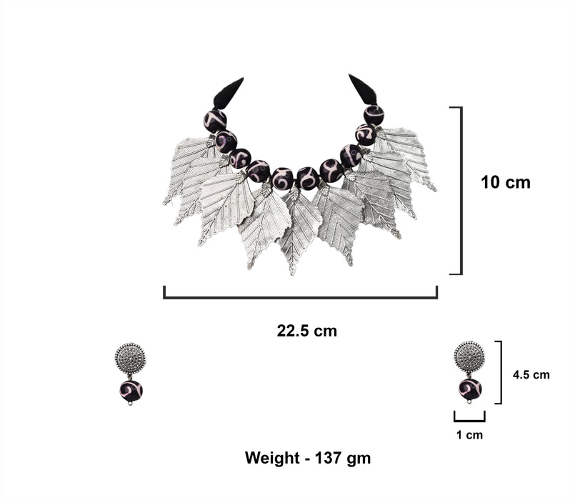 German Silver Oxidised Leaf Designed Choker Necklace Set Fused with Chemical Beads for Women and Girls-UFH399