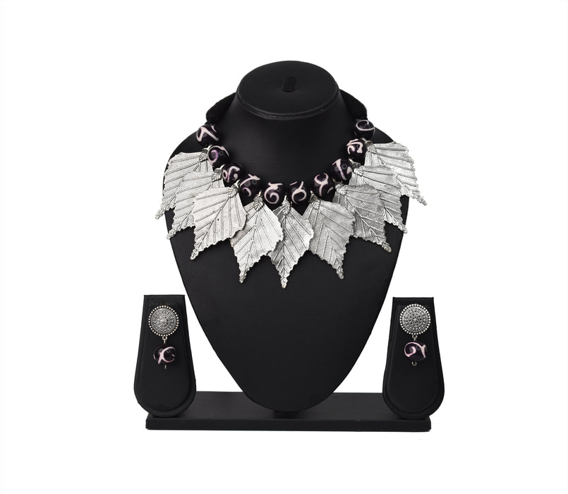German Silver Oxidised Leaf Designed Choker Necklace Set Fused with Chemical Beads for Women and Girls-UFH399