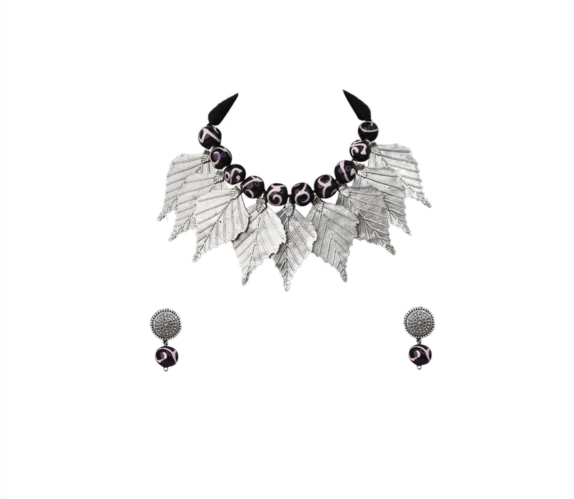 German Silver Oxidised Leaf Designed Choker Necklace Set Fused with Chemical Beads for Women and Girls-UFH399