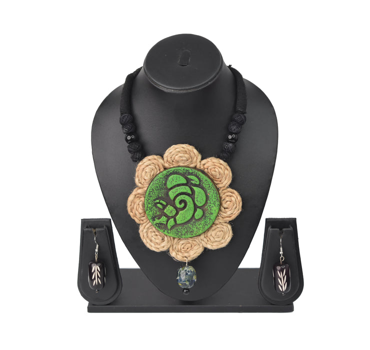 Adorable Handmade Jute Choker Necklace Set Fused with Chemical Beads and Clay Ganesh Pendant for Women and Girls-UFH400