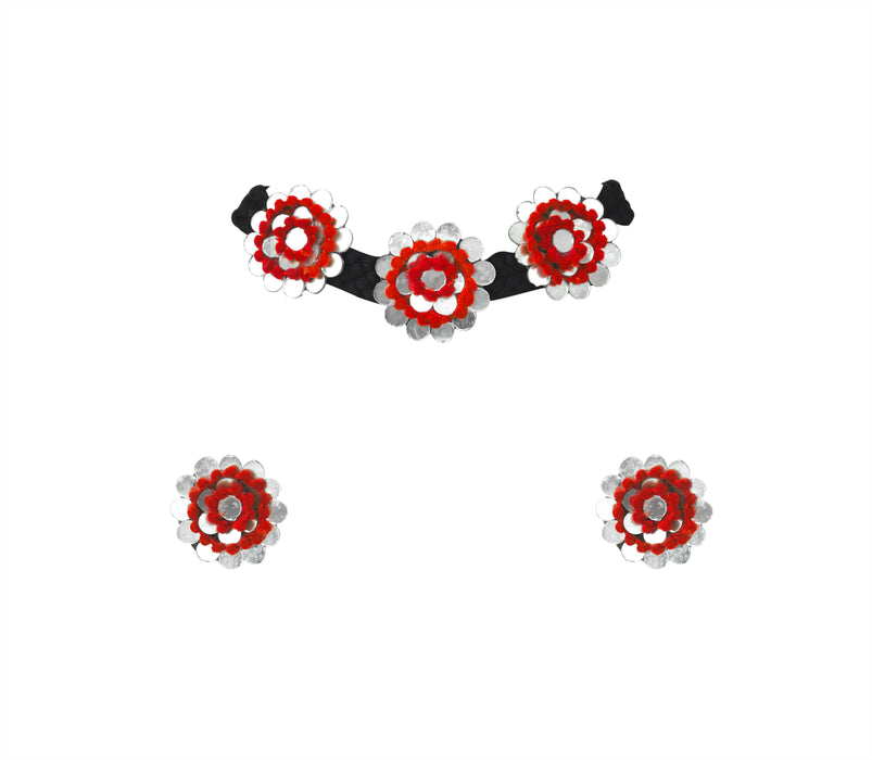 Handmade Boho Design Choker Necklace Earring Set with Fabric, Pompom and Mirror work for Women and Girls-UFH398