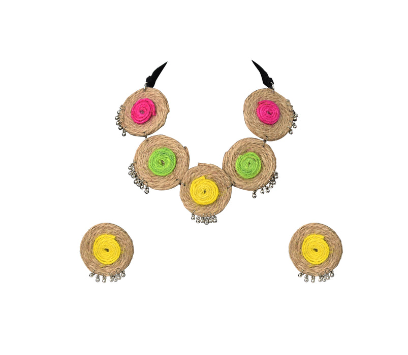 Classy Handmade Jute Choker Necklace Set with Ghungroo Balls for Women and Girls-UFH402