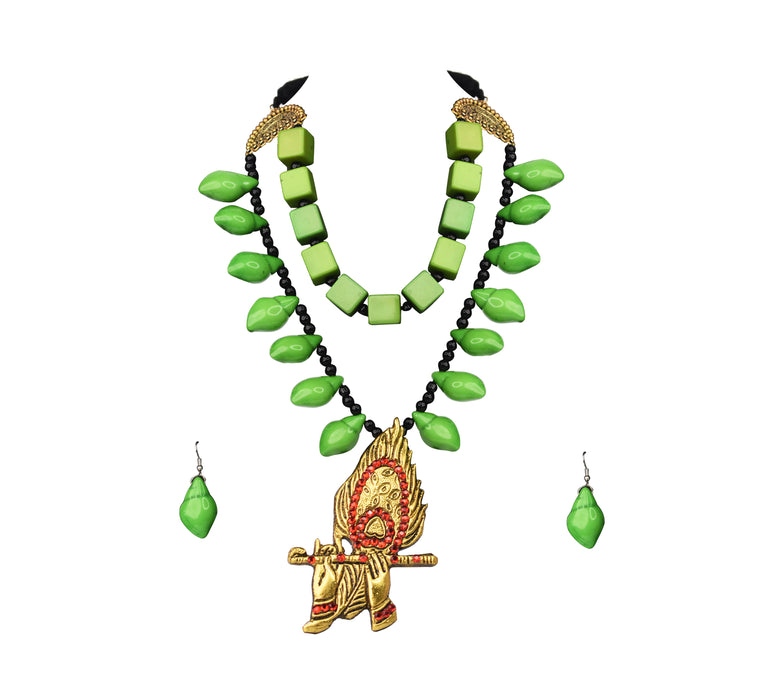 Handmade Boho Design Golden Oxidised Krishna Mor Pankh Bansuri Pendant Necklace Set for Girls and Women Fused with Chemical Beads-UFH403