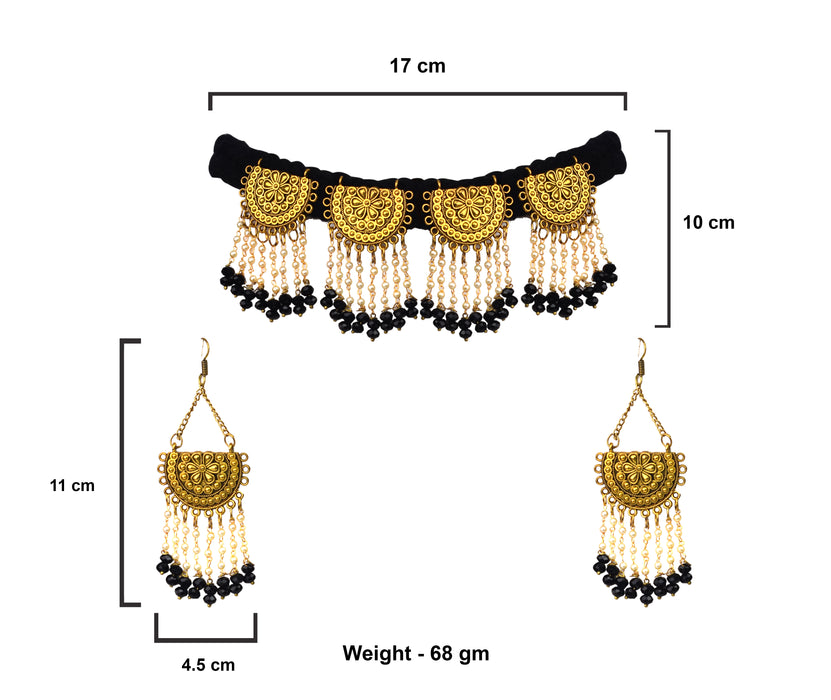 Golden Oxidised Crystal Choker Necklace Set with Pearl Beads Work-UFH406