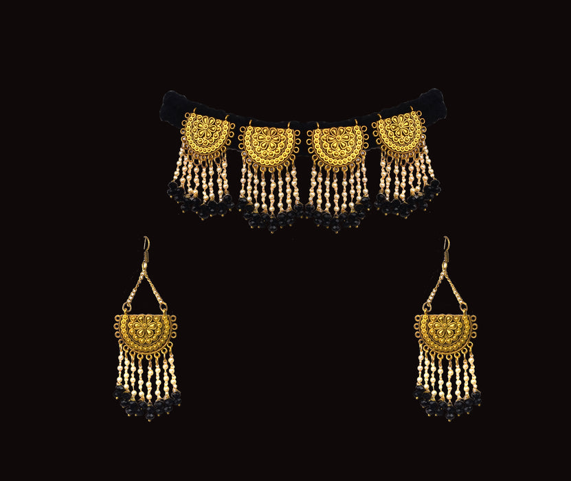 Golden Oxidised Crystal Choker Necklace Set with Pearl Beads Work-UFH406