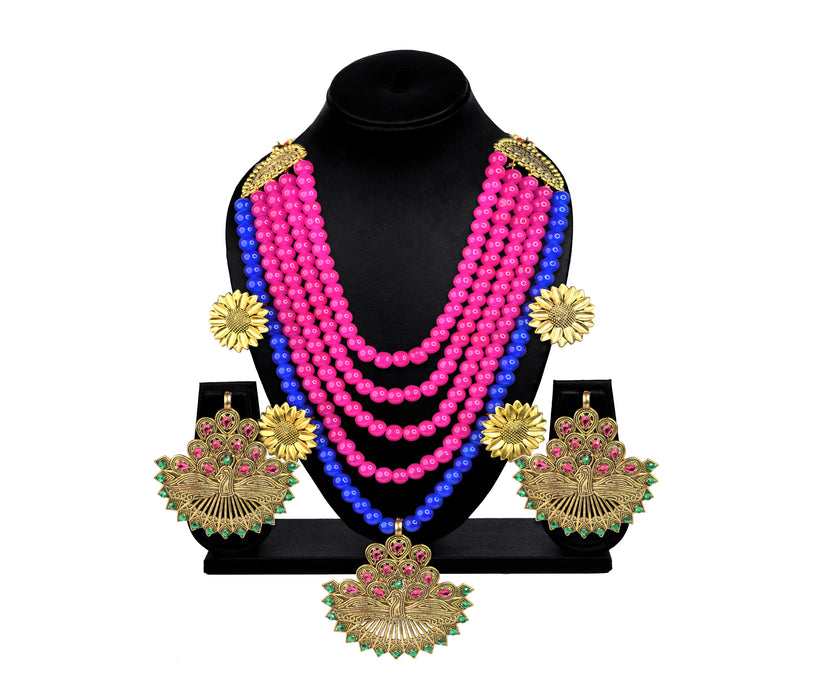 Golden Oxidised Peacock Pendant Design Layered Necklace Earring Set Fused with Beads and Stones Work for Women-RB40